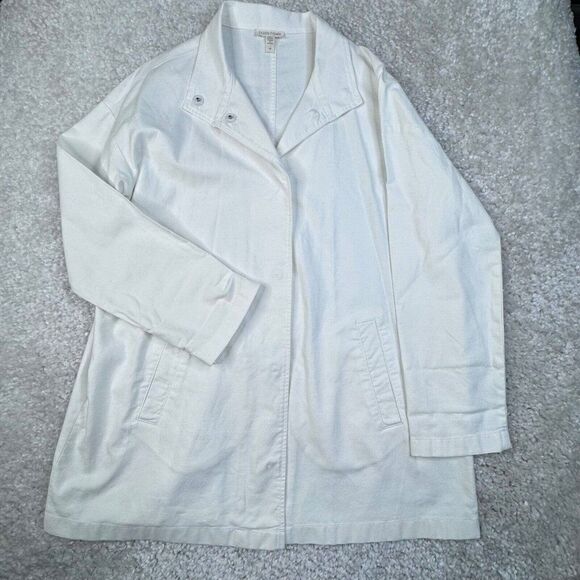 Eileen Fisher Organic Cotton Hemp Stand Collar Long Jacket White - Picture 1 of 7